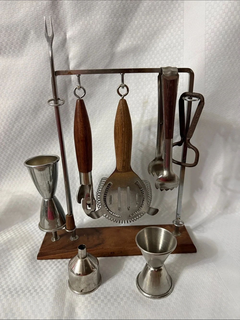 Antique Wood-Handle Cocktail Bar Tool Set with Stand — Brown